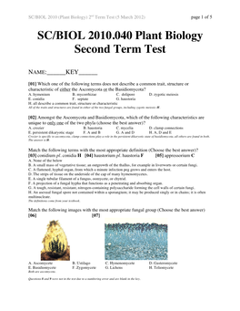 SC/BIOL 2010.040 Plant Biology Second Term Test