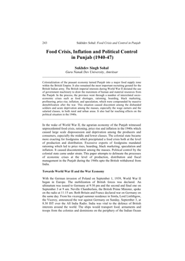 Food Crisis, Inflation and Political Control in Punjab (1940-47)