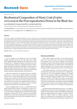 Biochemical Composition of Warty Crab (Eriphia Verrucosa) in the Post