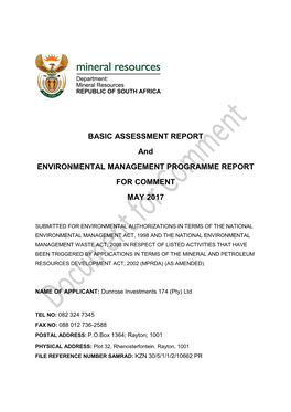 BASIC ASSESSMENT REPORT and ENVIRONMENTAL MANAGEMENT PROGRAMME REPORT for COMMENT MAY 2017