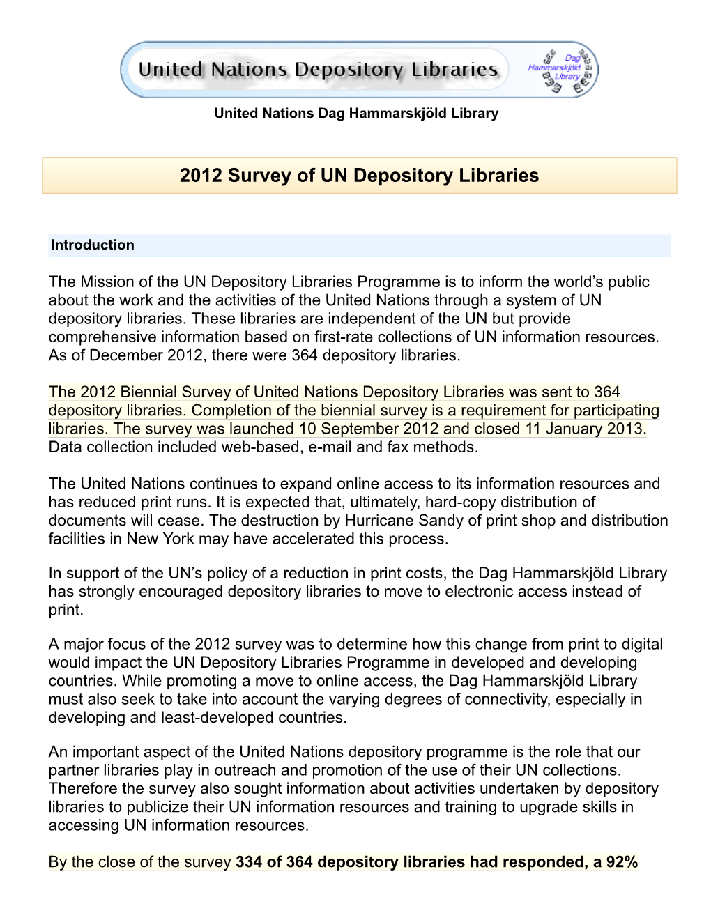 2012 Survey of UN Depository Libraries