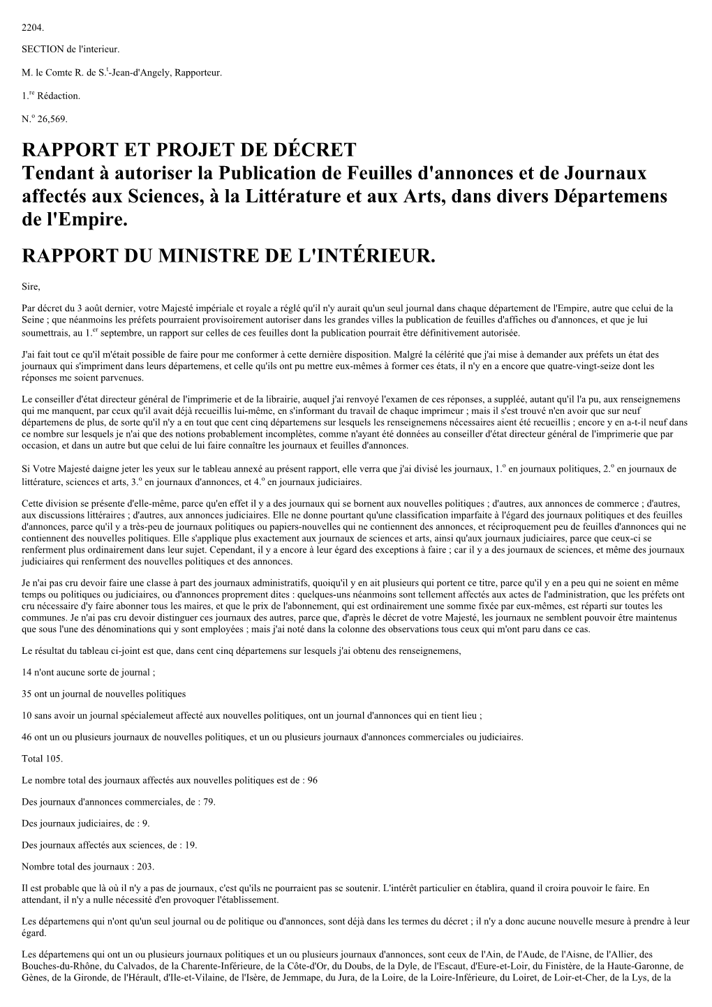 RAPPORT ET PROJET DE DÉCRET Tendant À