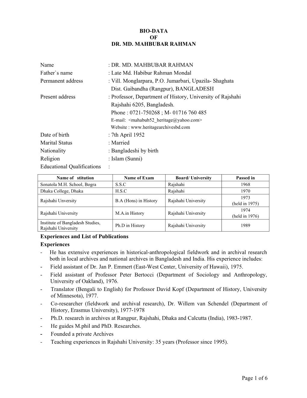 Page 1 of 6 BIO-DATA of DR. MD. MAHBUBAR RAHMAN Name : DR