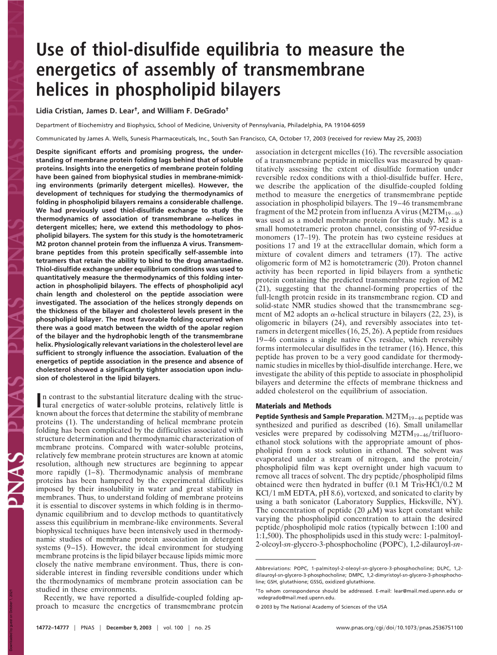 Use of Thiol-Disulfide Equilibria to Measure the Energetics of Assembly of Transmembrane Helices in Phospholipid Bilayers