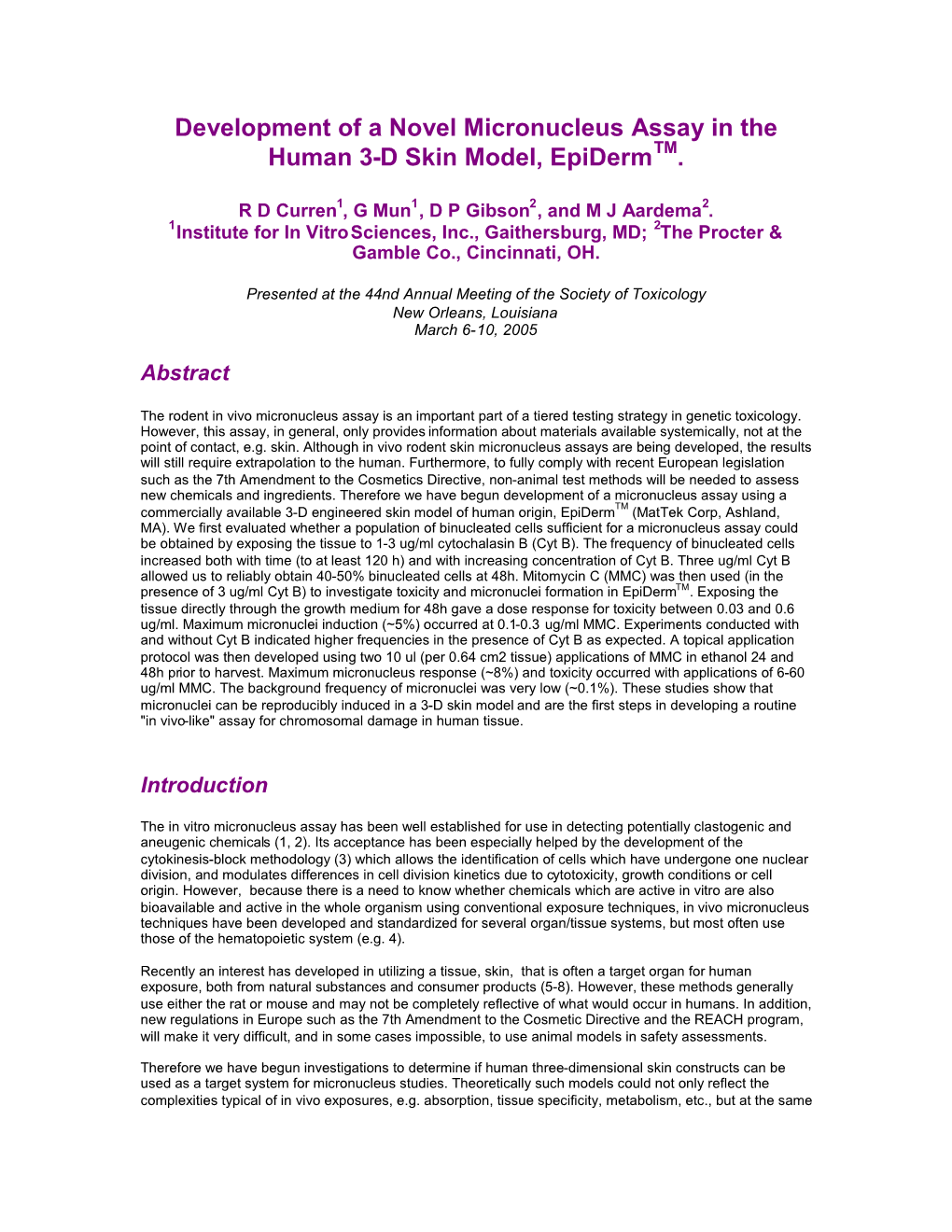 Development of a Novel Micronucleus Assay in the Human 3-D Skin Model, Epidermtm