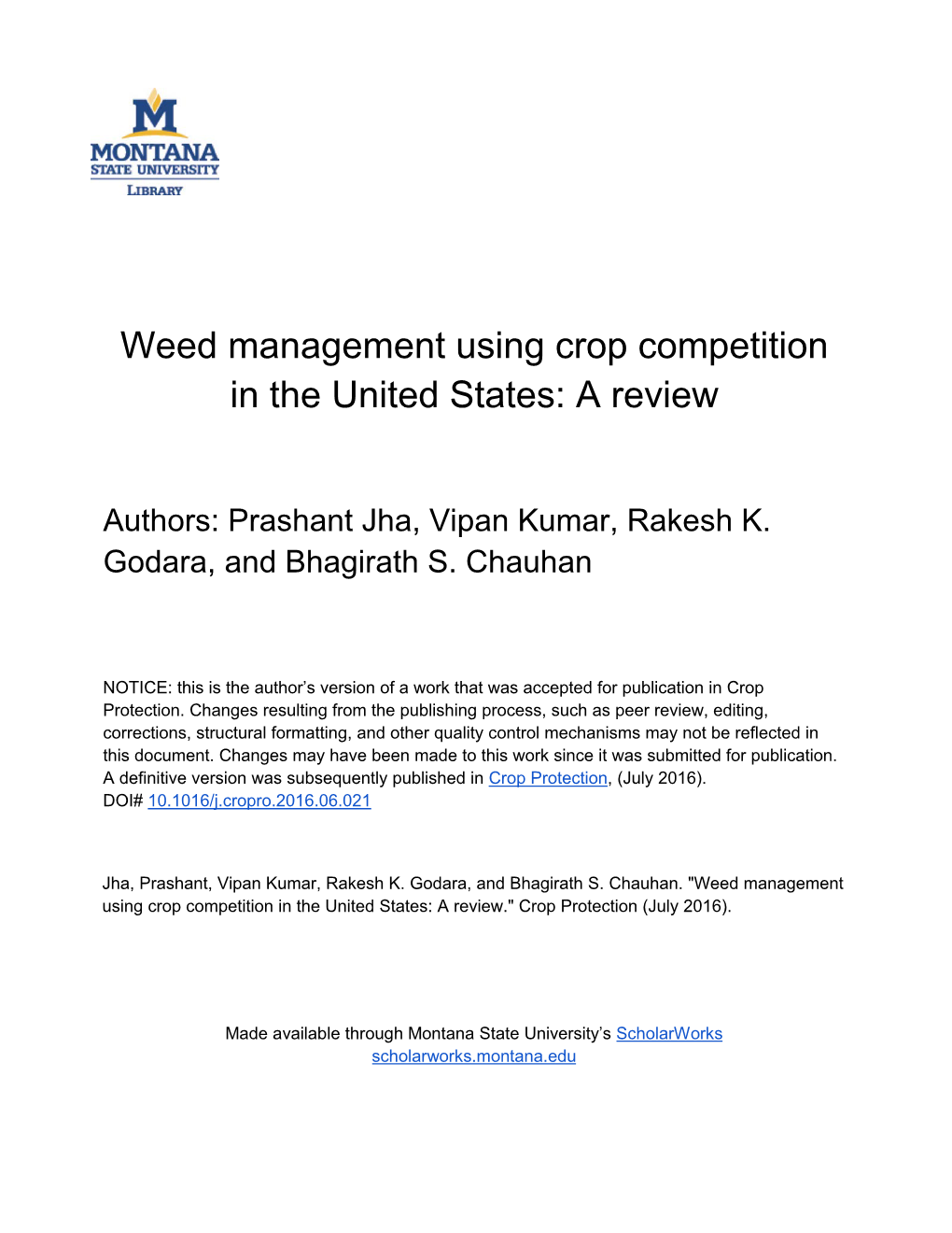 Weed Management Using Crop Competition in the United States: a Review