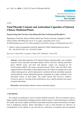 Total Phenolic Contents and Antioxidant Capacities of Selected Chinese Medicinal Plants