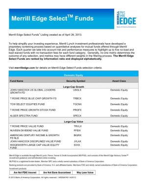 Merrill Edge Select Funds1 Listing Created As of April 26, 2013