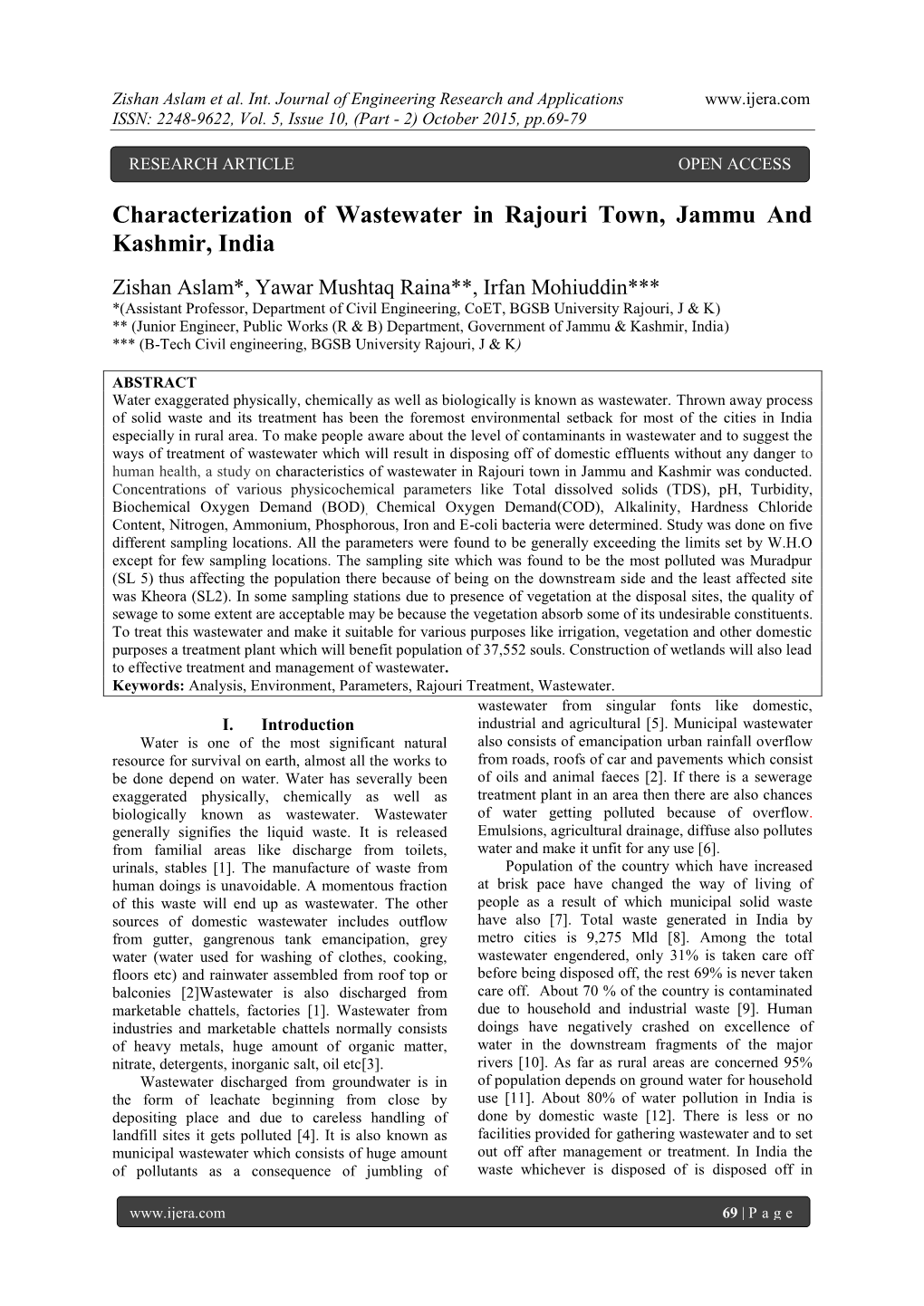 Characterization of Wastewater in Rajouri Town, Jammu and Kashmir, India