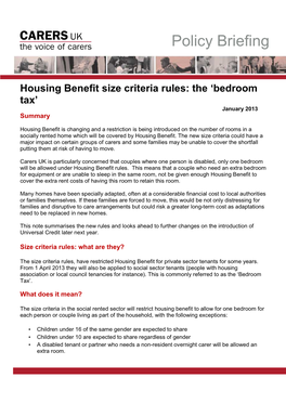 Carers UK Briefing on Housing Benefit Size Criteria Rules the Bedroom Tax