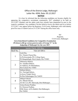 Roll No. 1 2 3 4 5 Office of the District Judge, Malkangiri Letter No. 4204