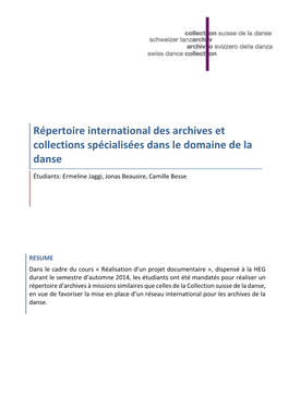 Répertoire International Des Archives Et Collections Spécialisées Dans Le Domaine De La Danse