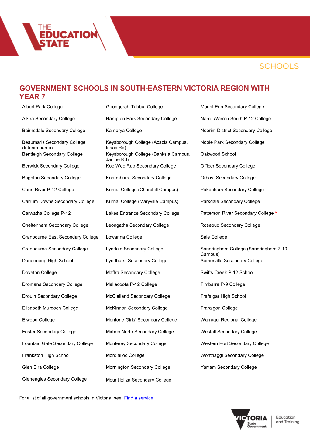 GOVERNMENT SCHOOLS in SOUTH-EASTERN VICTORIA REGION with YEAR 7 Albert Park College Goongerah-Tubbut College Mount Erin Secondary College