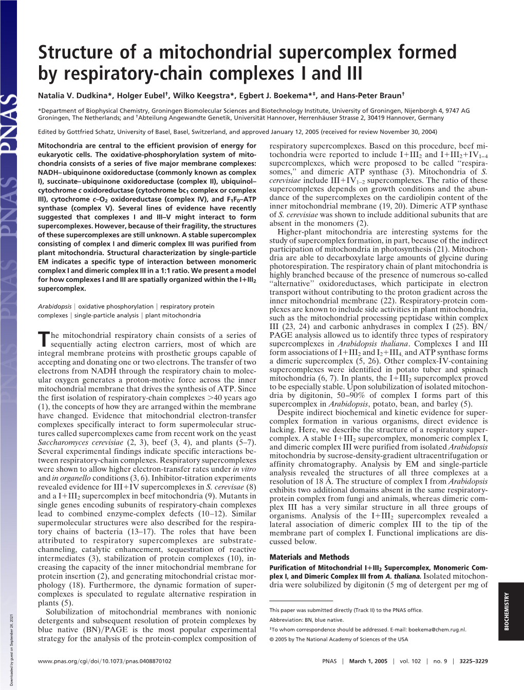 Structure of a Mitochondrial Supercomplex Formed by Respiratory-Chain ...