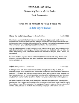 2020-2021 NC SLMA Elementary Battle of the Books Book Summaries