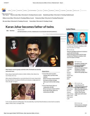Karan Johar Becomes Father of Twins | Entertainment ­ Geo.Tv