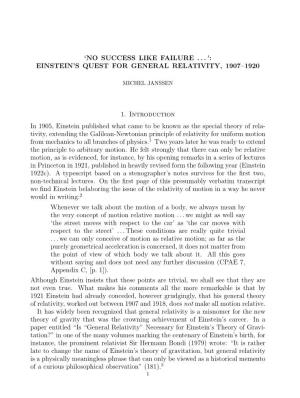 EINSTEIN's QUEST for GENERAL RELATIVITY, 1907–1920 1. Introduction in 1905, Einstein Publ