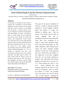 Guru Gobind Singh Ji and the Women Empowerment Hardeep Kaur Assistant Professor of History, Khalsa College for Women, Sidhwan Khurd, Ludhiana, Punjab