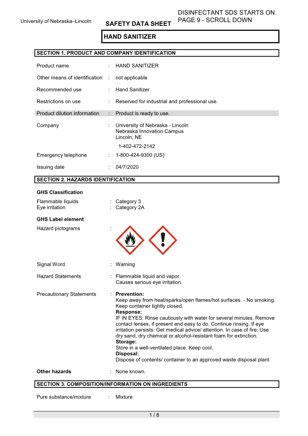 Safety Data Sheet Hand Sanitizer Disinfectant Sds DocsLib