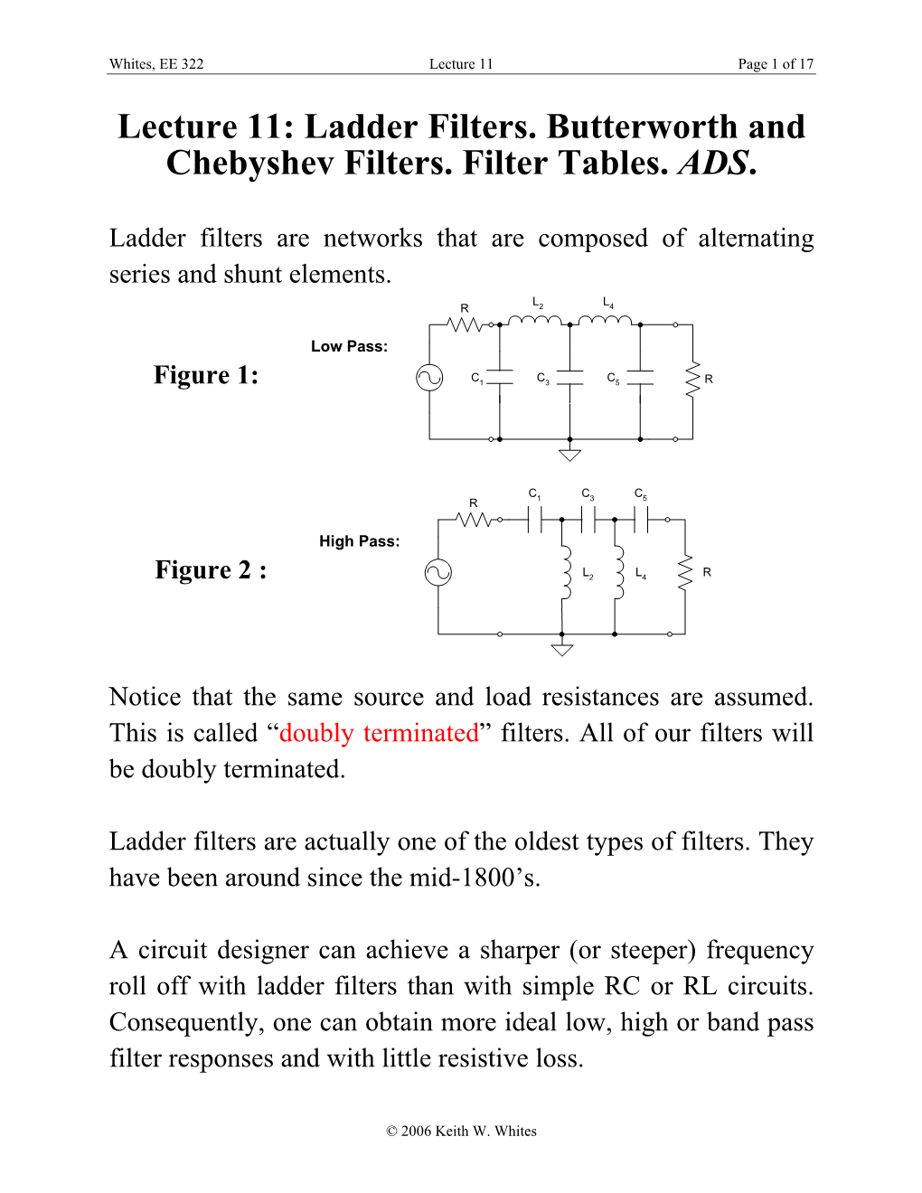 Lecture 11: Ladder Filters. Butterworth and Chebyshev Filters