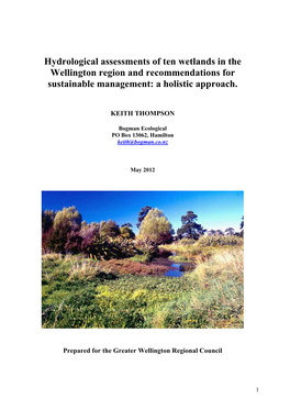 Hydrological Assessments of Ten Wetlands in the Wellington Region and Recommendations for Sustainable Management: a Holistic Approach