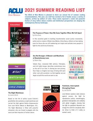2021 SUMMER READING LIST the ACLU of New Mexico Is Pleased to Share Our Annual List of Summer Reading Recommendations