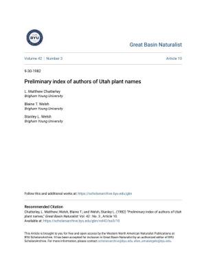 Preliminary Index of Authors of Utah Plant Names