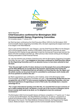 Chief Executive Confirmed for Birmingham 2022 Commonwealth Games Organising Committee for Immediate Release, 17 January 2019