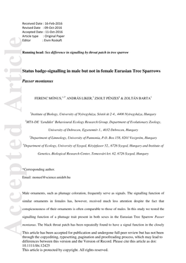 Signalling in Male but Not in Female Eurasian Tree Sparrows Passer