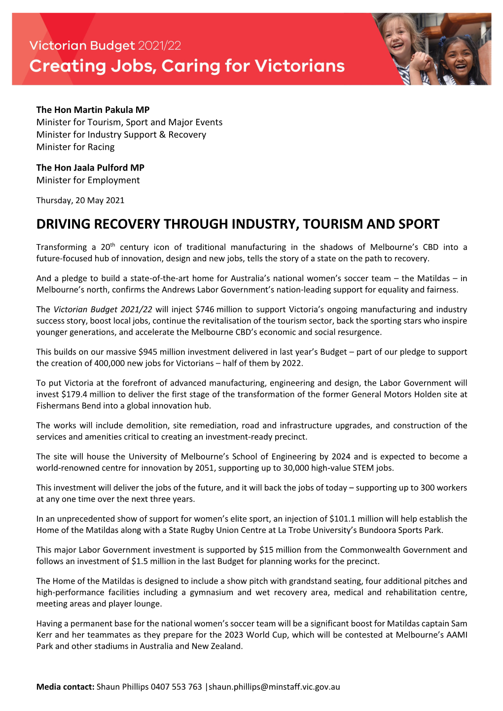 Driving Recovery Through Industry, Tourism and Sport
