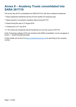 Annex 8 – Academy Trusts Consolidated Into SARA 2017/18 This Annex Lists All Ats Consolidated Into SARA 2017/18, with Their Constituent Academies