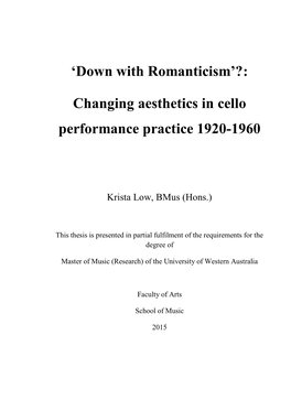 Changing Aesthetics in Cello Performance Practice 1920-1960
