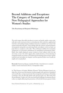Beyond Additions and Exceptions: the Category of Transgender and New Pedagogical Approaches for Women’S Studies