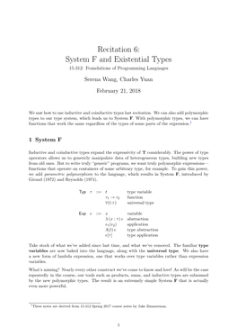 System F and Existential Types 15-312: Foundations of Programming Languages