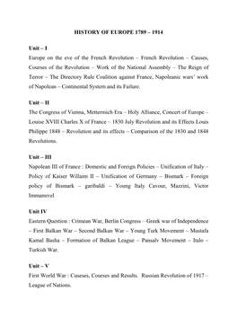 HISTORY of EUROPE 1789 – 1914 Unit