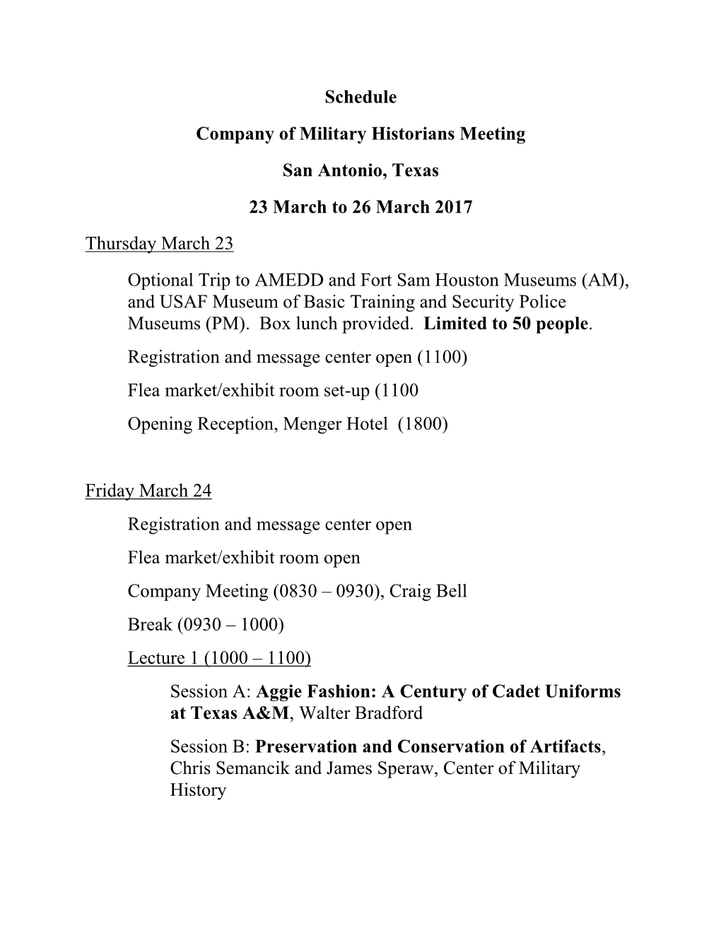 Schedule Company of Military Historians Meeting San Antonio