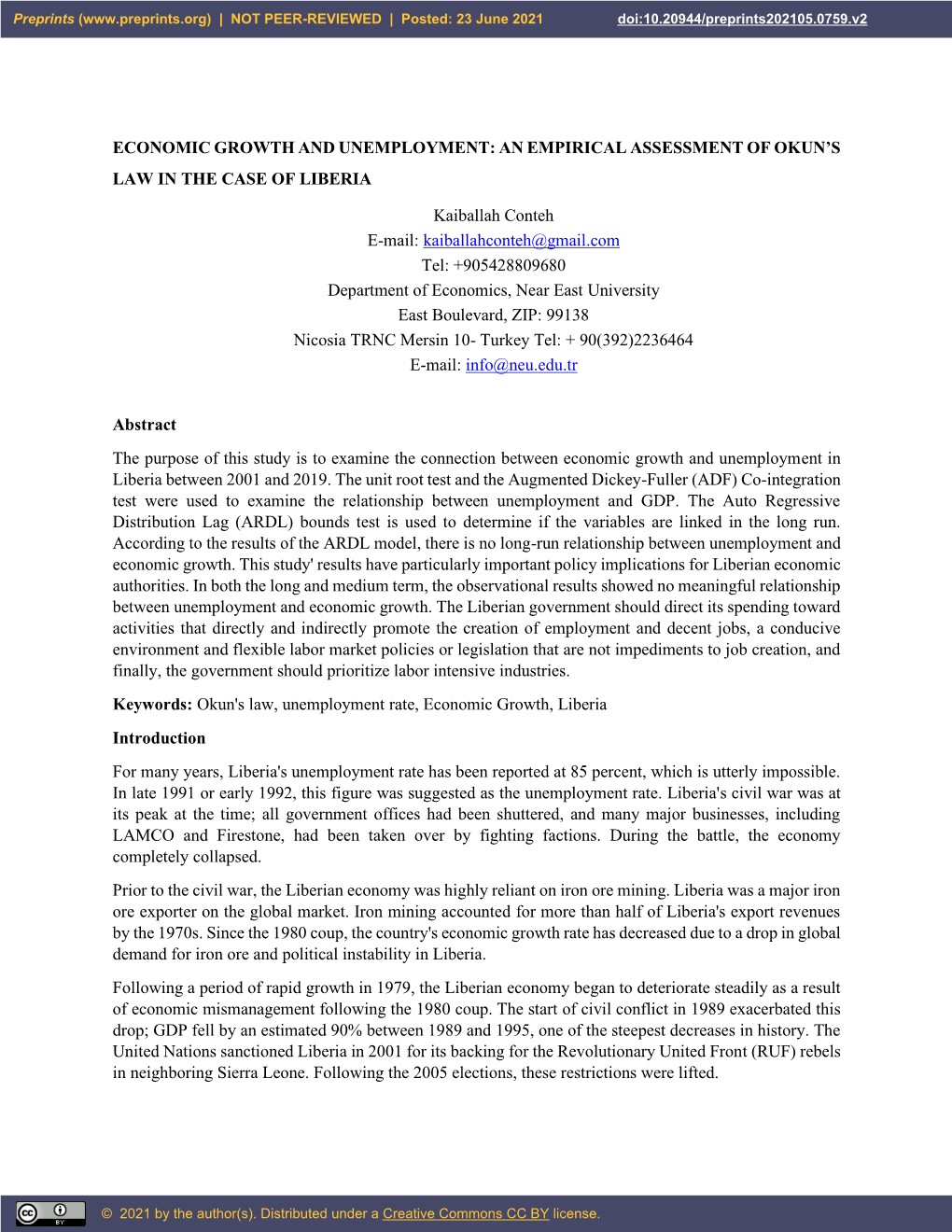 Economic Growth and Unemployment: an Empirical Assessment of Okun’S Law in the Case of Liberia