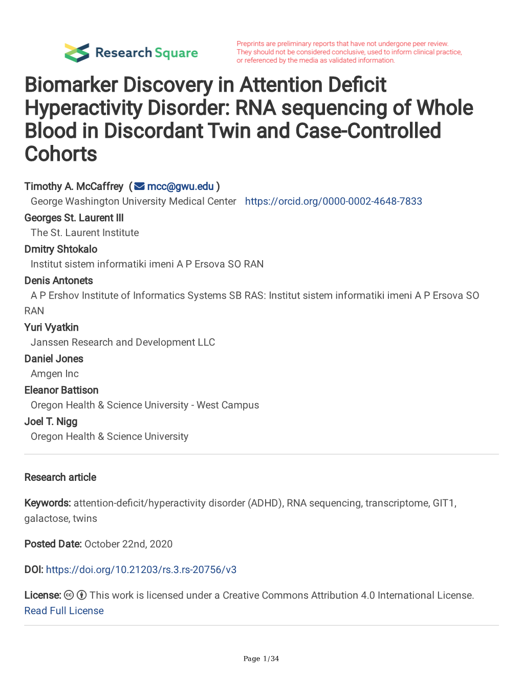 RNA Sequencing of Whole Blood in Discordant Twin and Case-Controlled Cohorts