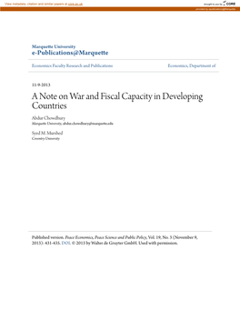 A Note on War and Fiscal Capacity in Developing Countries Abdur Chowdhury Marquette University, Abdur.Chowdhury@Marquette.Edu
