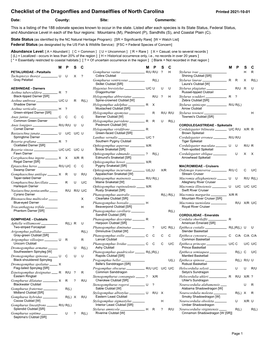 Checklist of the Dragonflies and Damselflies of North Carolina Printed 2021-10-01