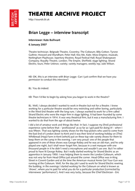 Theatre Archive Project: Interview with Brian Legge
