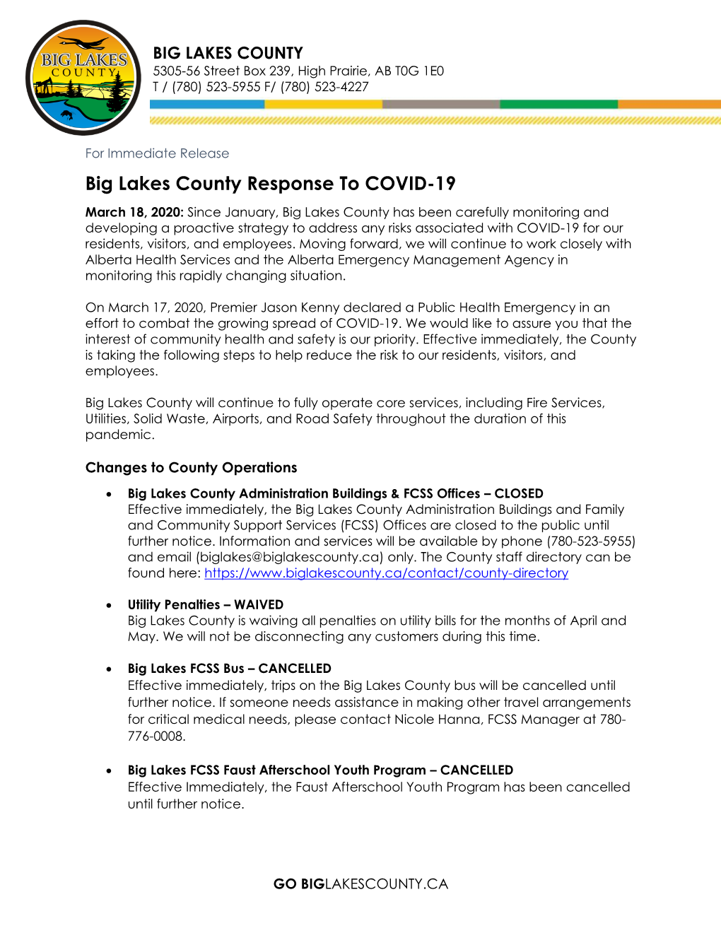 Big Lakes County Response to COVID-19