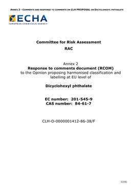 Committee for Risk Assessment RAC Annex 2 Response to Comments Document (RCOM) to the Opinion Proposing Harmonised Classificatio