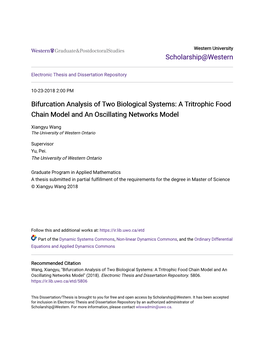 Bifurcation Analysis of Two Biological Systems: a Tritrophic Food Chain Model and an Oscillating Networks Model