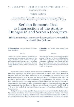 Serbian Romantic Lied As Intersection of the Austro- Hungarian and Serbian (Con)Texts