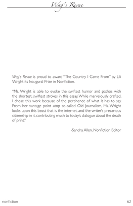 “The Country I Came From” by Lili Wright Its Inaugural Prize in Nonfiction