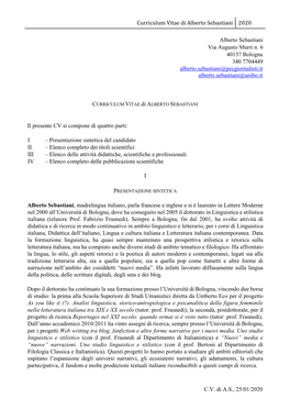 C.V. Di A.S., 25/01/2020 Curriculum Vitae Di Alberto Sebastiani 2020