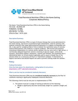 Total Parenteral Nutrition (TPN) in the Home Setting Corporate Medical Policy
