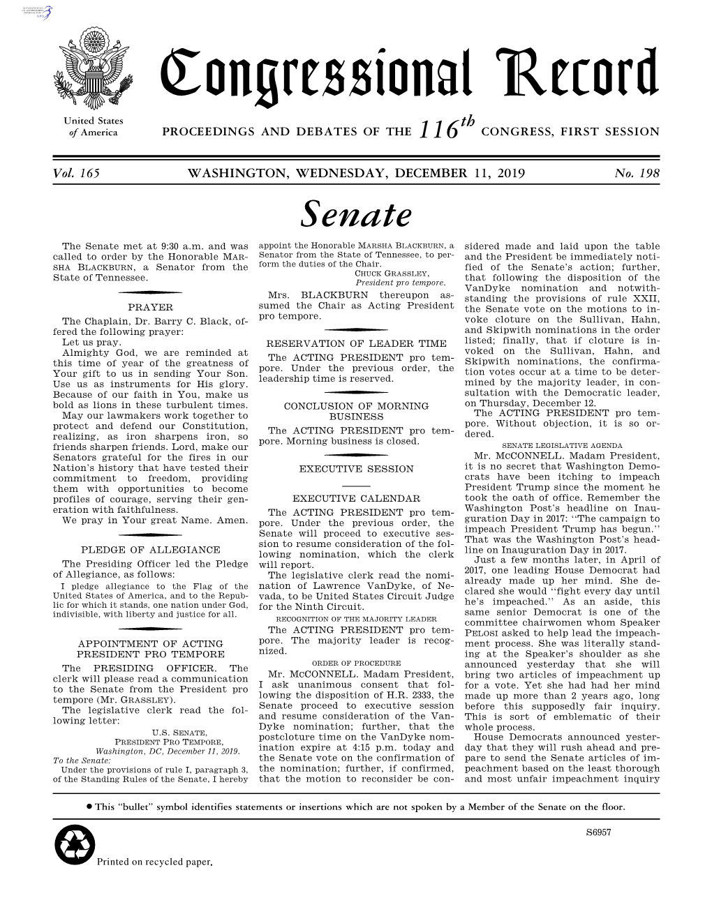 Congressional Record United States Th of America PROCEEDINGS and DEBATES of the 116 CONGRESS, FIRST SESSION