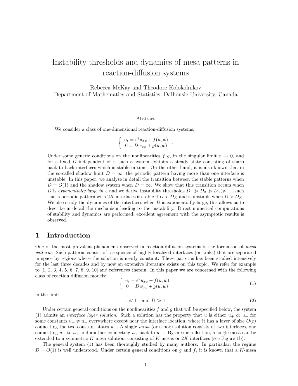 Instability Thresholds and Dynamics of Mesa Patterns in Reaction-Diffusion Systems